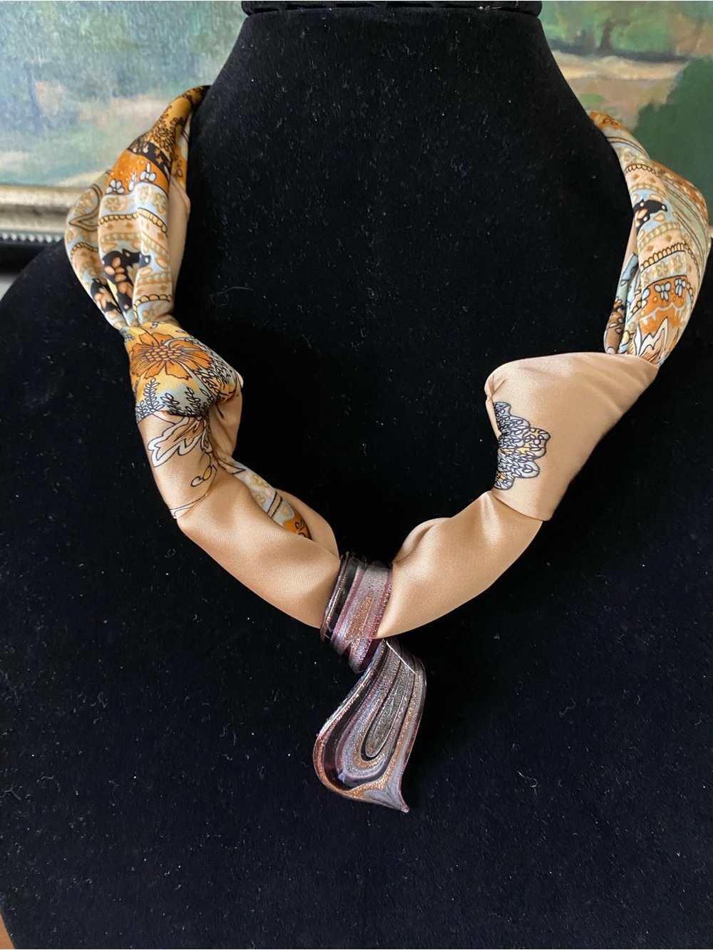 Repurposed glass pendant on new scarf! Tie to any length behind your neck.